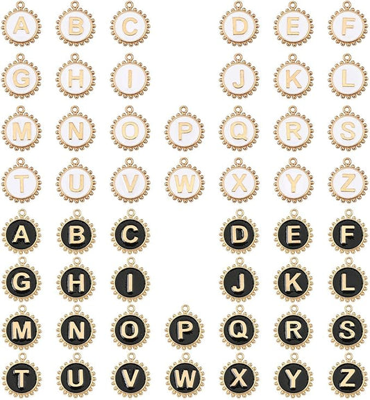 Stiesy 52 Pcs Black & White Enamel Letter Charms Flat Round with Letter A~Z Charm Pendants Bulk for Women Jewelry Making Crafting DIY Necklace Earring Presents