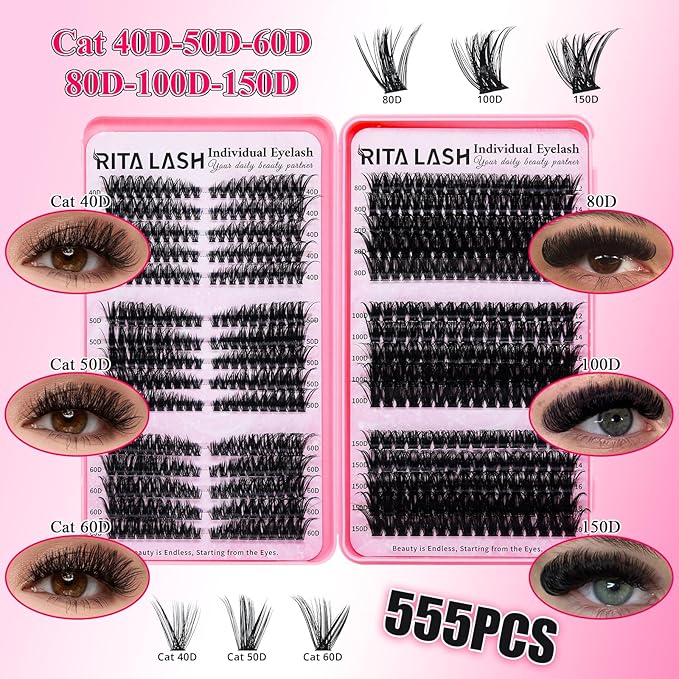 Lash Clusters Kit Eyelash Clusters Kit Cat Eye Lashes Cluster Eyelash Extensions Large Pack Colored Lash Extension Kit Pestañas Postizas Naturales+Lash Bond&Seal,Remover,Tweezers,Cleanser(Lash Kit-7)