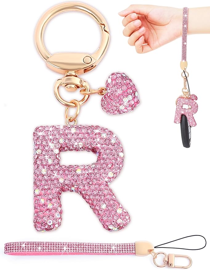 Initial Keychain for Women Girls,Bling Letter Key chain Initial with Heart,Pink Keychain Charms for Backpack Handbag