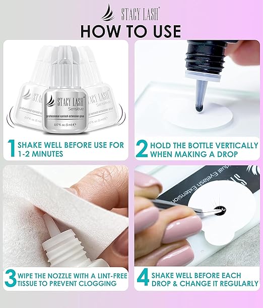 STACY LASH Sensitive Eyelash Extension Glue 0.17fl.oz/5ml / 5-6 Sec Drying time/Retention – 4-5 Weeks/Black Adhesive/Professional Supplies