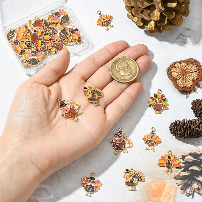 Stiesy 30 Pcs 6 Styles Enamel Assorted Turkey Charms Golden Color Thanksgiving Day Alloy Metal Charms Pendants Bulk for Bracelets Necklace Earring Jewelry Making DIY Craft