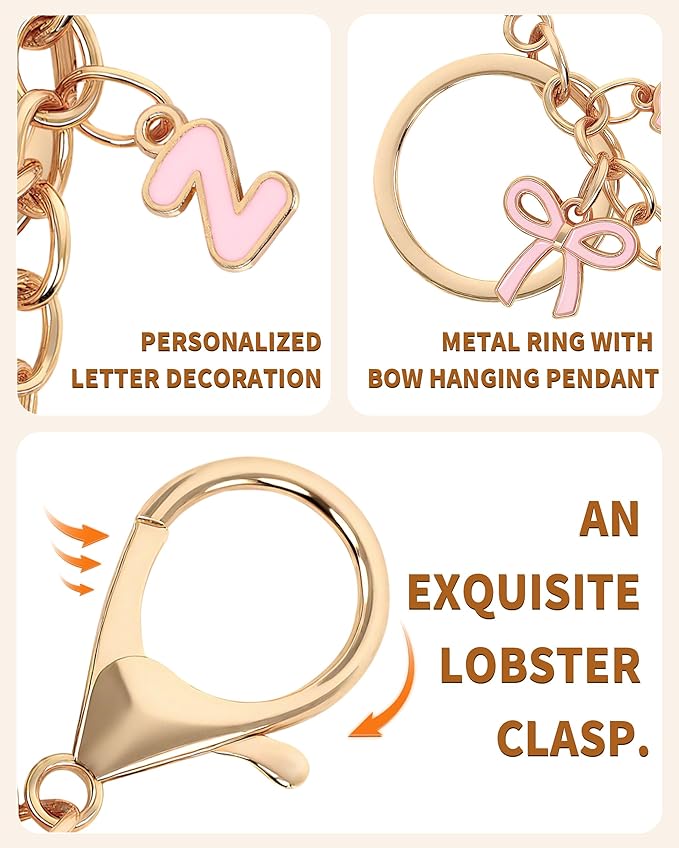 Bow Purse Charms Keychain - Pink Bow Alphabet Letter Key Chain, Bag Charms Wallet
