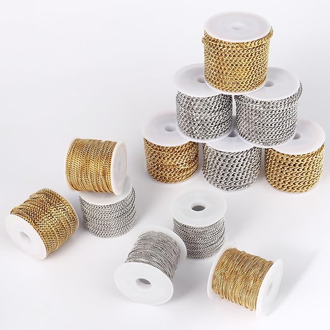 33FT Gold Stainless Steel Cuban Chain Roll 2MM 18K Gold PVD Plated Diamond-Cut Curb Link Chains Spool Bulk for Jewelry Making
