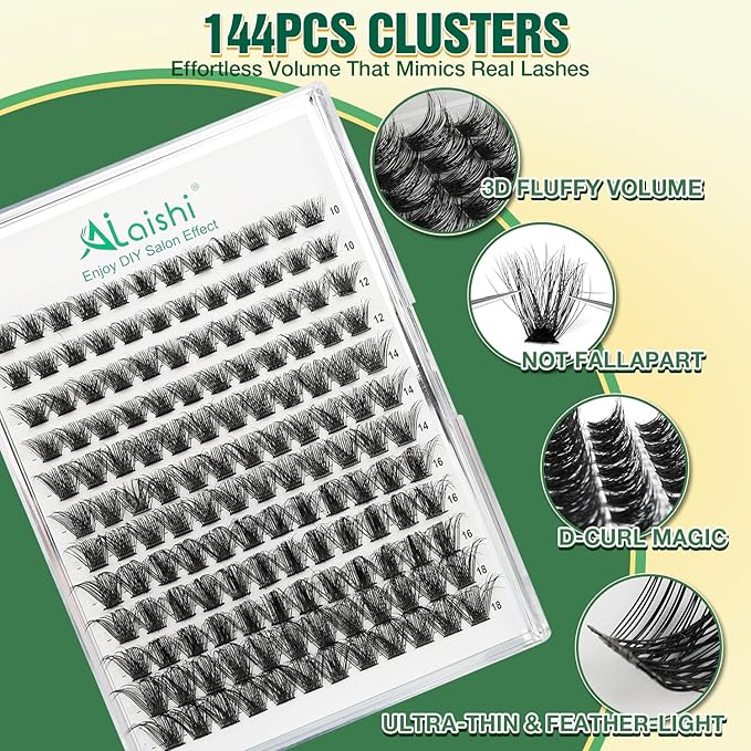 Lash Clusters Kit, DIY 3D Cluster Eyelash Extensions 10‑18mm,144pcs Fluffy D Curl Soft Natural Lashes with Bond and Seal,Remover,Tweezers, –Natural Fake Cat Eye Wispy Individual Clusters（DFW02MIX1-5）