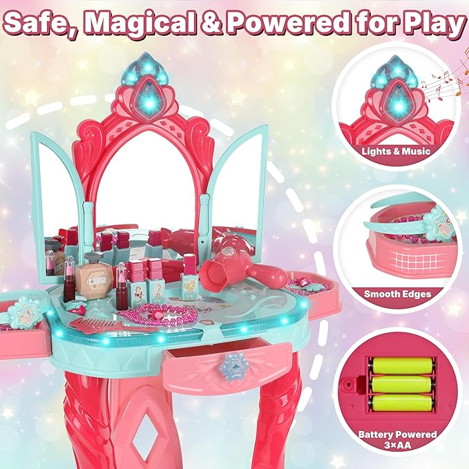 Kids Vanity Set with Mirror, Lights & Music – Princess Makeup Vanity Table & Stool with Hair Dryer & Accessories, Pretend Play Beauty Salon Toy for Girls Ages 3–6 Birthday Gift (Blue)