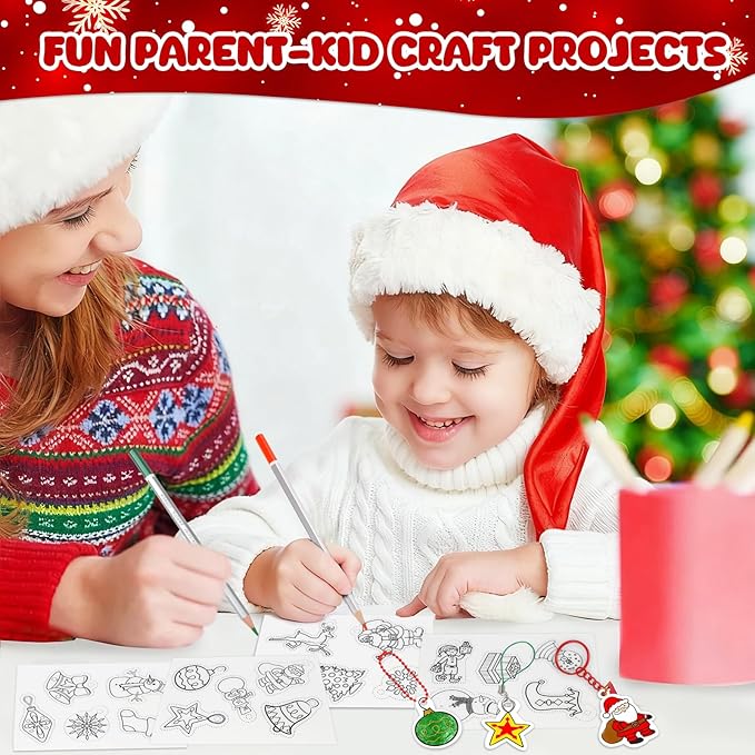 74PCS Shrink Dink Sheets Keychain Kit, Christmas Theme Ornaments Gifts Shrink Plastic Sheets with 6PCS 7.9"x5.7" Pre-Printed Shrinking Film Art Paper for Kids DIY Crafts, Perfect Stocking Stuffer