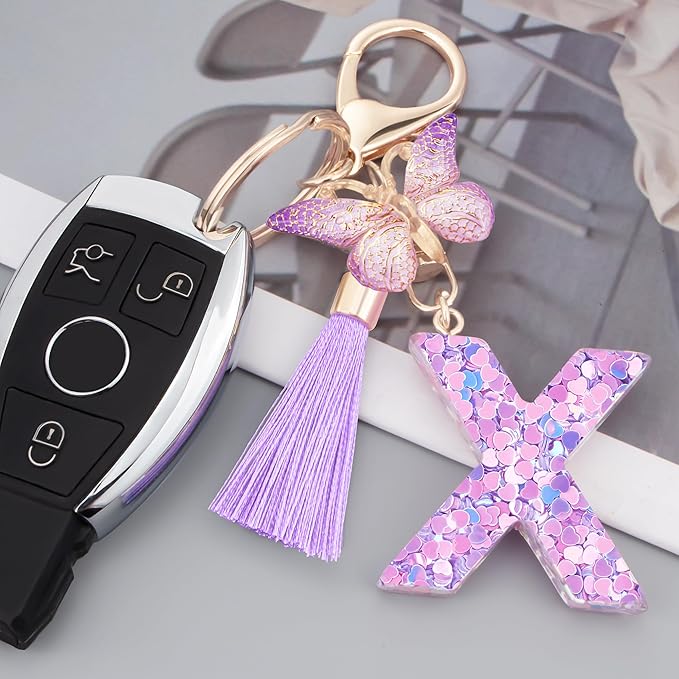 Initial letter Keychains for Women Girls Tassel Butterfly Cute Keychain for Wallet Backpack charm