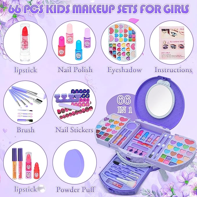 Kids Makeup Sets for Girls - Washable and Safe Makeup for Kids with Dresser Vanity Case, Girls Makeup Sets Ages 3-12, Christmas Birthday Gifts Toys for 4 5 6 7 8 9 Year Old Girl(Purple)