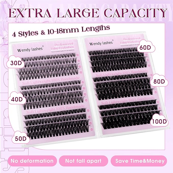 Lash Clusters 30D+40D+50D+60D+80D+100D Wispy Individual Lashes C-Curly Volume Lash Extensions 10-16mm Natural DIY Cluster Lashes for Beginners