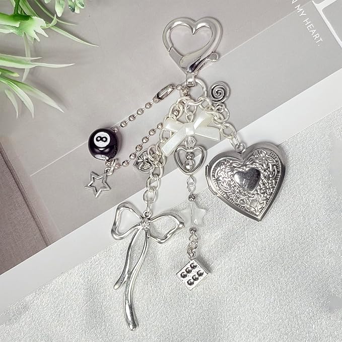 Cute Heart Locket Keychain,Y2k Bag Charms,Kawaii Photo Key Chain,Bow 8 Ball Star Dice Aesthetic Accessories for Women