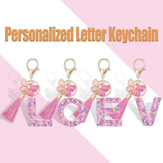 Suweibuke Cute Pink Key Chains for Women Girls, Initial Letter Keychains with Tassel, Charms for Key Purse Handbags Backpacks