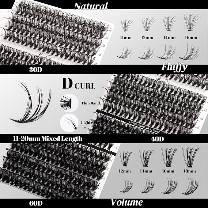 DIY Lash Extensions Kit 320pcs Individual Lashes Clusters 30D 40D 60D Eyelash Extension Kit with Applicator and Lash Bond&Seal, Lash Remover For False Eyelash Mix 11-20mm (30D+40D+60D KIT)