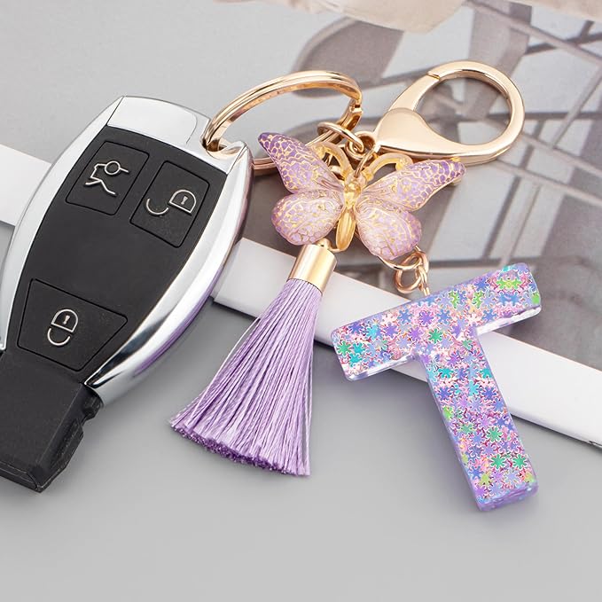 Suweibuke Cute Pink Key Chains for Women Girls, Initial Letter Keychains with Tassel, Charms for Key Purse Handbags Backpacks