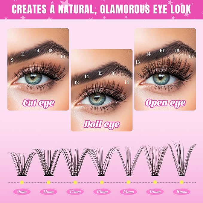 Lash Clusters Kit 320 Pcs DIY Individual Cluster Lashes D Curl Lash Extension Kit with Eyelash Bond and Seal, Remover, Tweezers Applicator Tool for False Eyelash Cluster Kit(60D+80D, Mix9-16mm Kit)