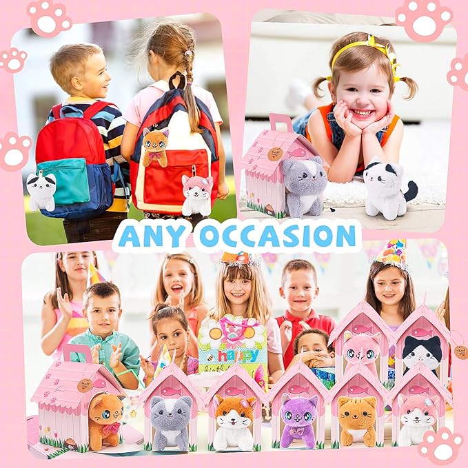 12 Pcs Mini Plush Kitty Set Stuffed Cats, Cat Party Favors with Keychain Gift Toys with Carton House, Kids Birthday Christmas Party Gift