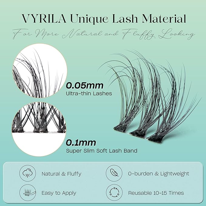 VYRILA Lash Clusters 0.05mm Individual Lashes, 3D Wispy Lashes Clusters, 0.1mm Super Thin Band Resuable Natural Lashes,D Curl Faux Mink Lashes,108pcs Lash Extension (Green Soul-D-0.05-8-16mix)