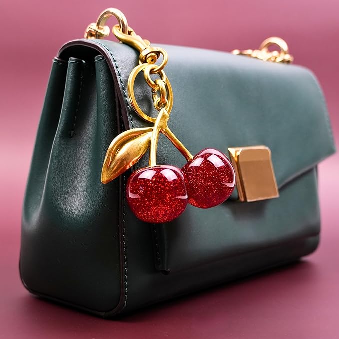 3Pcs Cherry Bag Charm Keychain Set 2025 – Faux Pearl Heart Puffball Pom Pom Purse Accessories Gift for Women Girls