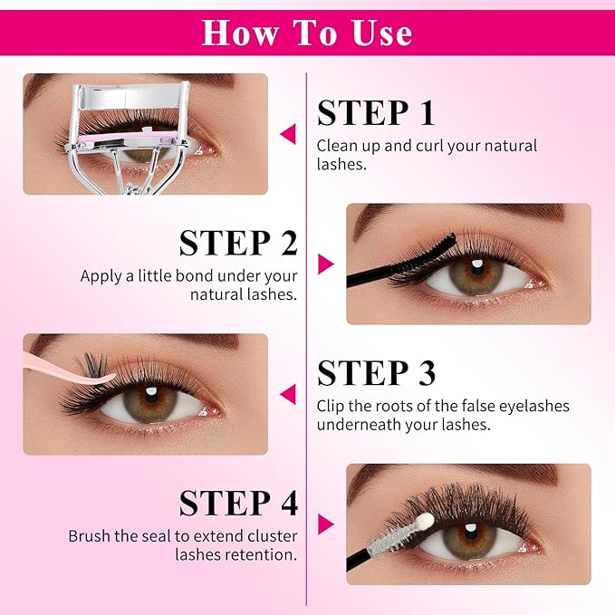 Lash Clusters Kit Eyelash Clusters Kit Cat Eye Lashes Cluster Eyelash Extensions Large Pack Colored Lash Extension Kit Pestañas Postizas Naturales+Lash Bond&Seal,Remover,Tweezers,Cleanser(Lash Kit-7)