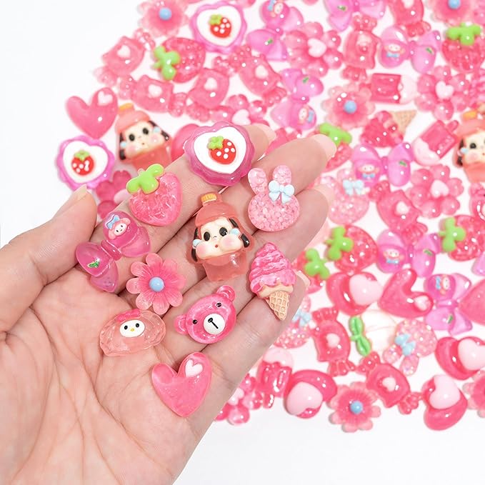 Charms 100PCS Mixed Kawaii Flatback Resin Charms for Crafts, Cabochon for DIY Projects, Slime Charm, Resin Art, Scrapbooking, Phone Case & Accessories (Pink)