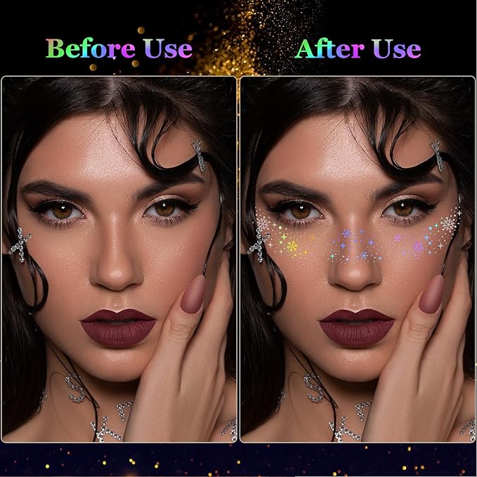 HyperFun 12Pcs Christmas Face Glitter Freckles, Glitter Freckles Face Tattoo Sticker, Holographic Multichrome Waterproof Sparkle Freckles Makeup Patches for Women Rave Festival Accessories Party Prom
