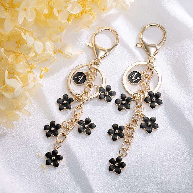 XGALBLA White Pink Black Cute Initial Letter Keychain for Women, Flower Bag Charms Enamel Keyring for Handbag Backpack