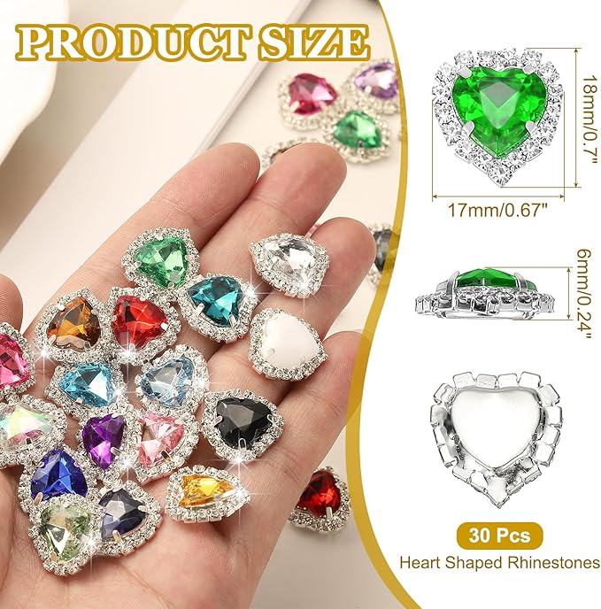 PATIKIL 30PCS Heart Rhinestones, Sew on Rhinestones Buttons Crystal Heart Nail Charm Embellishment Flatback Diamond for Sewing DIY Clothing Wedding, Green