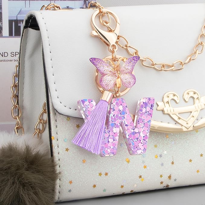 Initial letter Keychains for Women Girls Tassel Butterfly Cute Keychain for Wallet Backpack charm