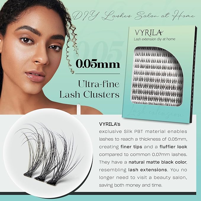 VYRILA Lash Clusters 0.05mm Individual Lashes, 3D Wispy Lashes Clusters, 0.1mm Super Thin Band Resuable Natural Lashes,D Curl Faux Mink Lashes,108pcs Lash Extension (Green Soul-D-0.05-8-16mix)