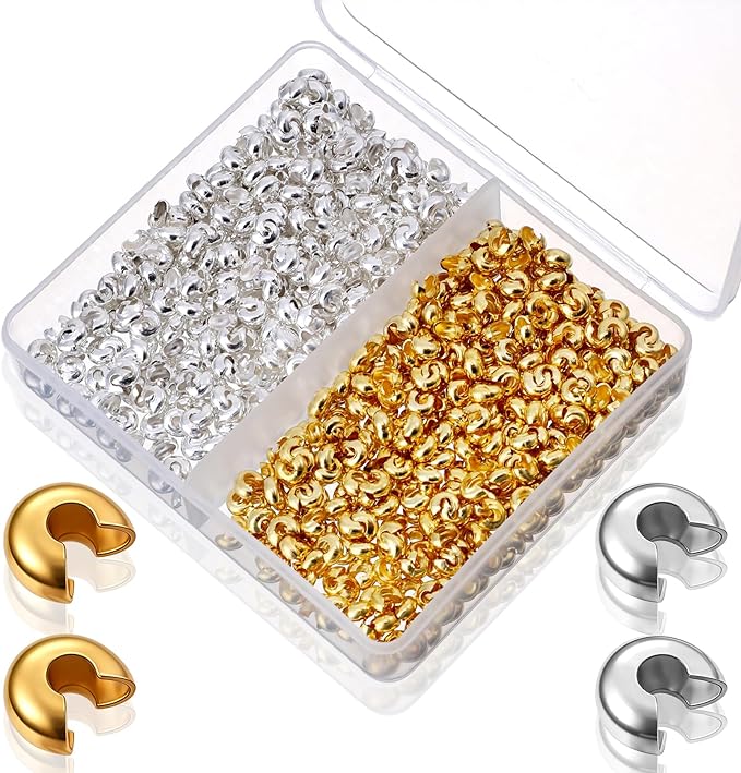 Ouligay 800PCS Crimp Beads for Jewelry Making 4mm Crimp Bead Covers Half Round Open Crimping Bead Knot Covers for DIY Jewelry Craft Making Jump Rings with Transparent Box Gold and Sliver