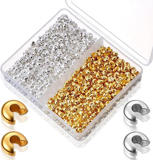 Ouligay 800PCS Crimp Beads for Jewelry Making 4mm Crimp Bead Covers Half Round Open Crimping Bead Knot Covers for DIY Jewelry Craft Making Jump Rings with Transparent Box Gold and Sliver