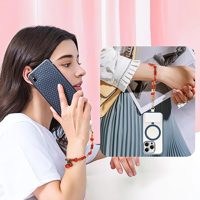 Marble Beaded Phone Wrist Strap,Detachable Phone Bracelet Strap with Tether Tab,Hands-Free Wristlet Strap (Sweet Cherries)