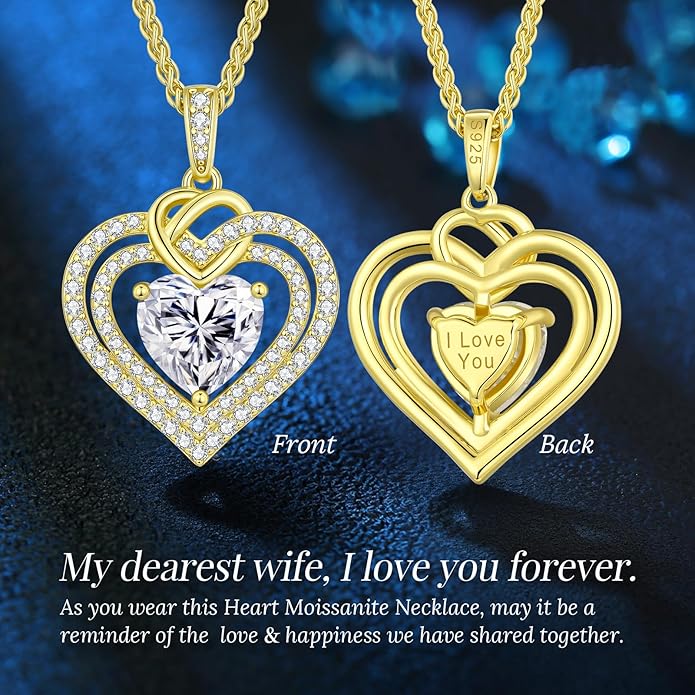 OOBEE Moissanite Heart Necklaces for Women, 1- 4 Carat Moissanite 925 Sterling Silver Gold Plating Fine Women Necklace，Ideal Anniversary Birthday Christmas Valentine Mothers Day Jewelry Gifts for Mom Wife Her Girlfriend