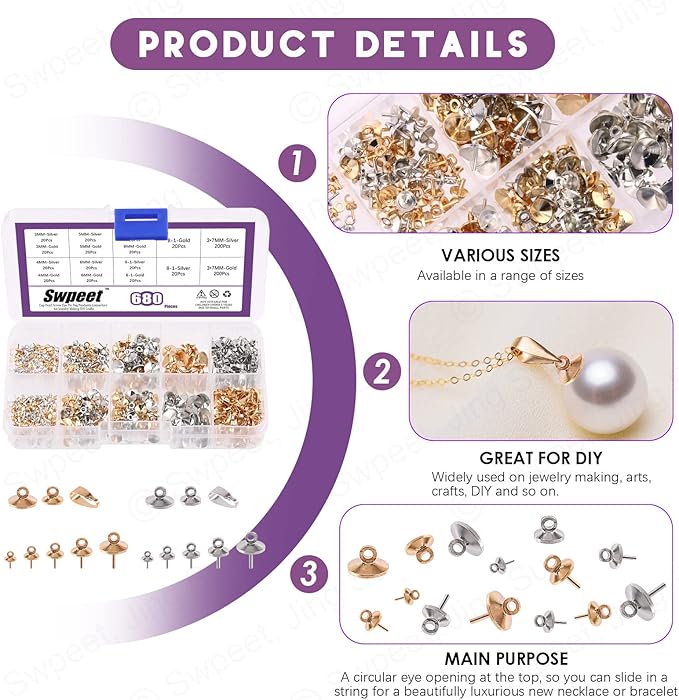 Swpeet 680Pcs Gold and Sliver 3mm 4mm 5mm 6mm 8mm Cup Pearl Screw Eye Pin Bail Peg Pendants with 7mm Pendant Charm Clasps Connector Kit, Perfect for Half-drilled Beads Jewelry Making