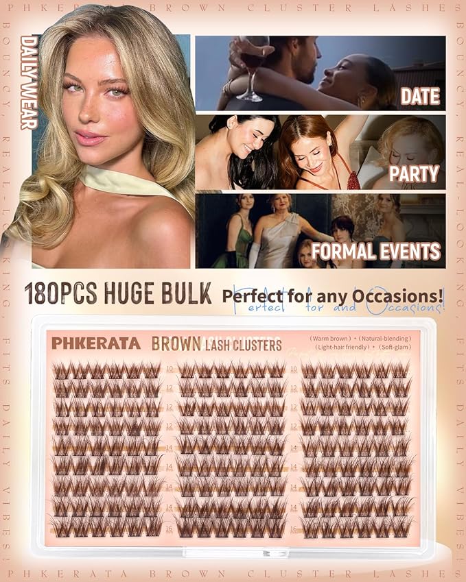 PHKERATA Brown Lash Clusters Wispy Cluster Eyelash Extensions Natural Eyelash Clusters 180Pcs Brown Lashes Clusters 10-16MM DIY Soft Individual Lashes C Curly Eyelash Extension