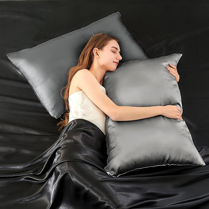 INFIIXSO Silk Pillow Cases 2 Pack Standard Size, Ultra Smooth & Soft Mulberry Silk Pillow Case for Hair and Skin, Breathable Cooling Silk Pillowcase with Hidden Zipper (Dark Grey, 20x26 Inches)