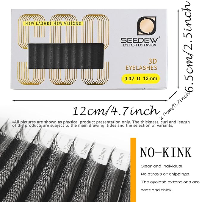 SEEDEW 3D Lash Extensions, 0.07mm D Curl 11mm 12 Rows/Tray, W Shape Flat Stem, Korean PBT Soft Natural False Eyelashes Grafting for Beginner Artist, Lash Tech, Beauty Salon(3D-Matte Black-0.07-D-11mm)