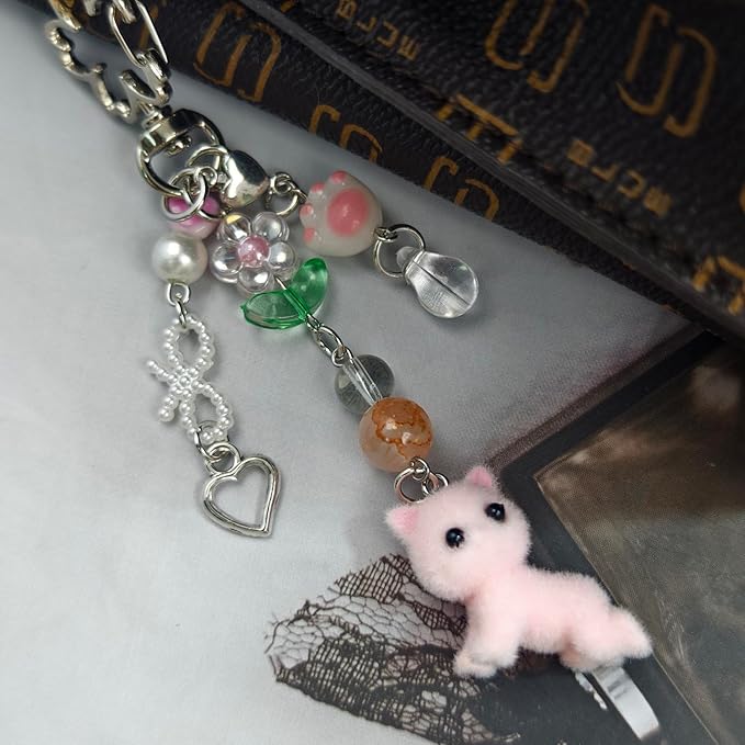 Cute Cat Keychain, Y2K Heart Bow Pendant, Kawaii Cat Bag Charm