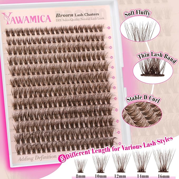 Yawamica Brown Lash Clusters Kit Fluffy Lash Extension Kit 10-16mm Wispy Eyelash Clusters D Curly Cluster Eyelash Extensions 50D Individual DIY Lashes Kit with Waterproof Bond and Seal Lash Tweezers