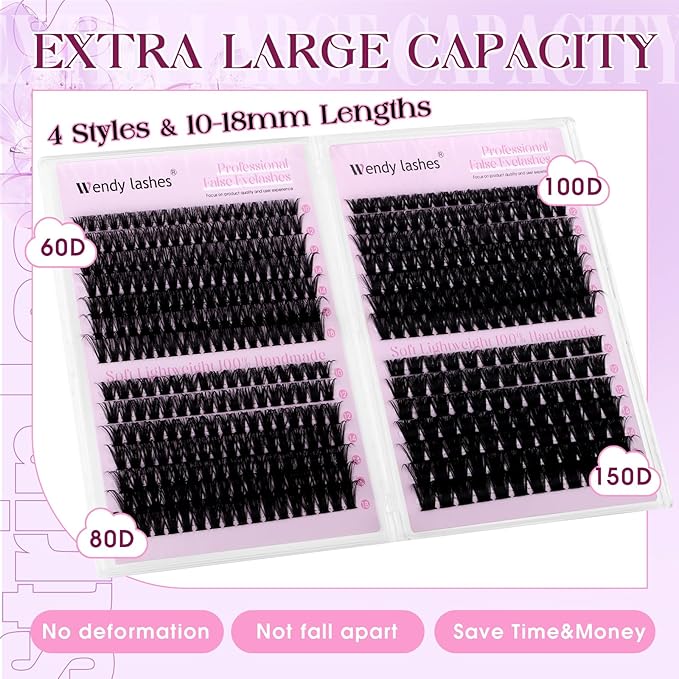 Lash Clusters Kit 60D+80D+100D+150D Wispy Individual Lashes Kit D-Curly Volume Lash Extensions 10-18mm Natural DIY Cluster Lashes Kit for Beginners