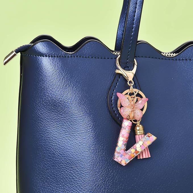 Fashion Alphabet Initial Letter Keychain Tassel Butterfly Pendant Key Ring for Purse Handbags Women Girl