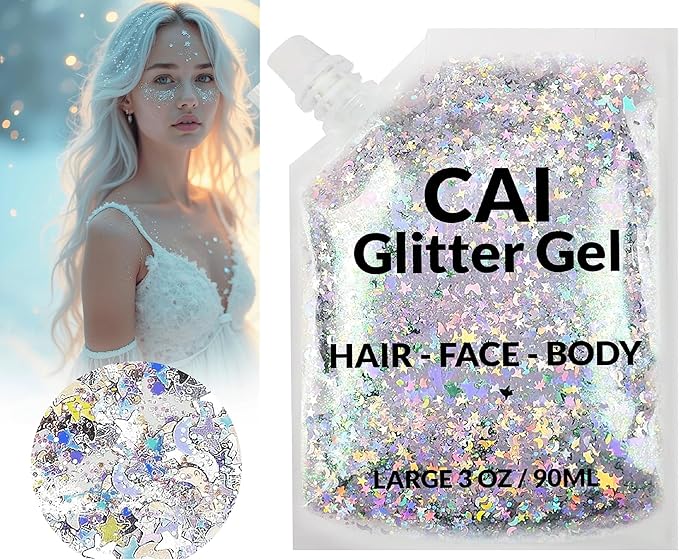 Face, Body & Hair Glitter Gel – Halloween Glitter for Kids and Women – 3 Oz Cosmetic-Grade Gel w/Moon & Stars for Festivals & Halloween Party, Easy Apply & Wash Off - Silver/Gold 2Pack