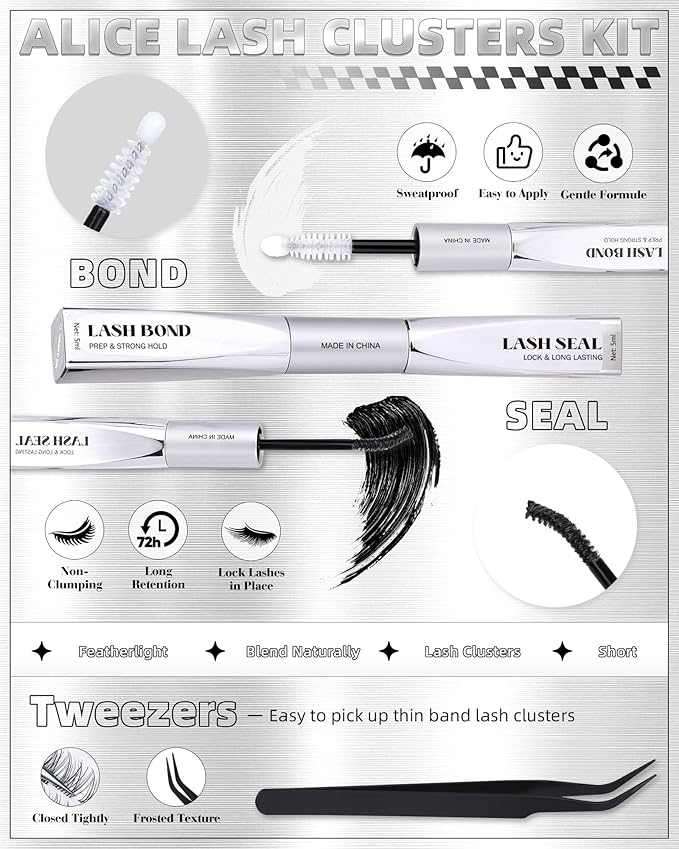ALICE Short Lash Clusters Kit 8mm-10mm-12mm Natural Clear Band Cluster Eyelash Extension Kit Wispy Eyelash Clusters Kit with Bottom Lashes Bond and Seal DIY at Home