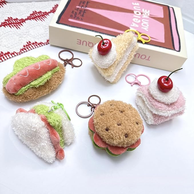 Super Cute Realistic Plush Cherry Cake Sandwich Hamburger Hotdog Bread Keychain Key Ring Bag Charm Pendant