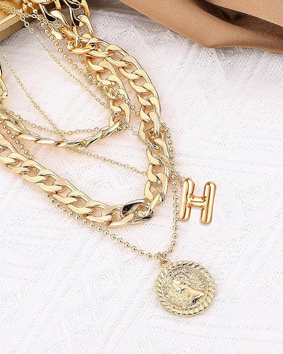 MJartoria Layered Necklaces for Women Trendy Balloon Initial Coin Pendant Necklace Dainty Chunky Chain Choker Necklaces Jewelry Birthday Gifts