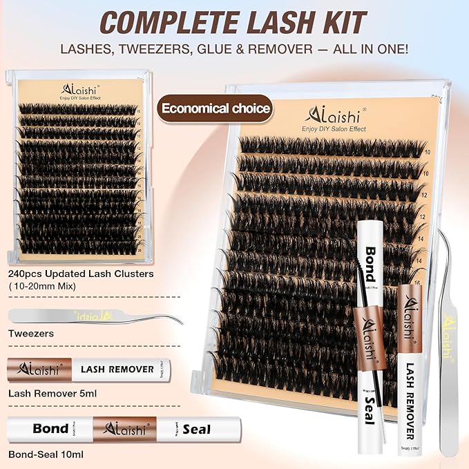 AILAISHI Lash Clusters Kit, DIY Cluster Eyelash Extensions 10‑20mm, 80D, 240pcs Fluffy D Curl Natural Lashes with Bond & Seal,Remover,Tweezers – Fake Cat Eye Individual Clusters