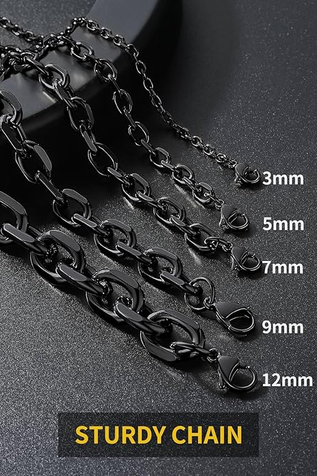 ChainsHouse Stainless Steel Cable Chain Necklaces for Men Women, 3mm/5mm/7mm/9mm/12mm 18K Gold/Black Plated Mens Cable Link Chains, 18"-30" Length - Send Gift Box