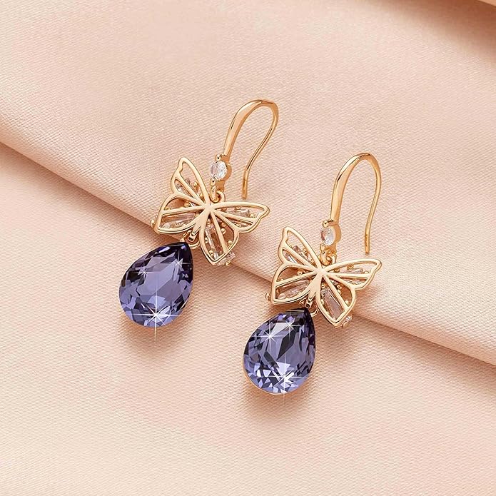 Austrian Crystal Teardrop Butterfly Drop Dangle Earrings for Women 14K Rose Gold Plated Hypoallergenic Jewelry