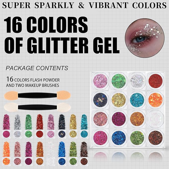 16 Colors Chunky Fine Mixed Holographic Glitter Gel Set for Face and Body Makeup Festival Party Sparkle Glitter Gel Decoration Rave Accessories