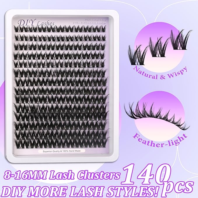 Lash Cluster Eyelash Extension Kit Natural Wispy Lash Clusters Kit Lash Extension Kit Manga Individual Lashes 140pcs C-Curly 8-16mm Individual Lashes
