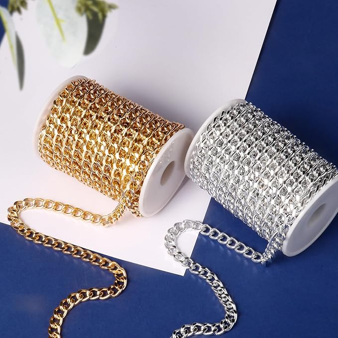 [33ft] Gold Chain for Jewelry Making, 8.3mm Wide Gold Aluminum Curb Link Chain Roll Bulk for DIY Jewelry Making Craft